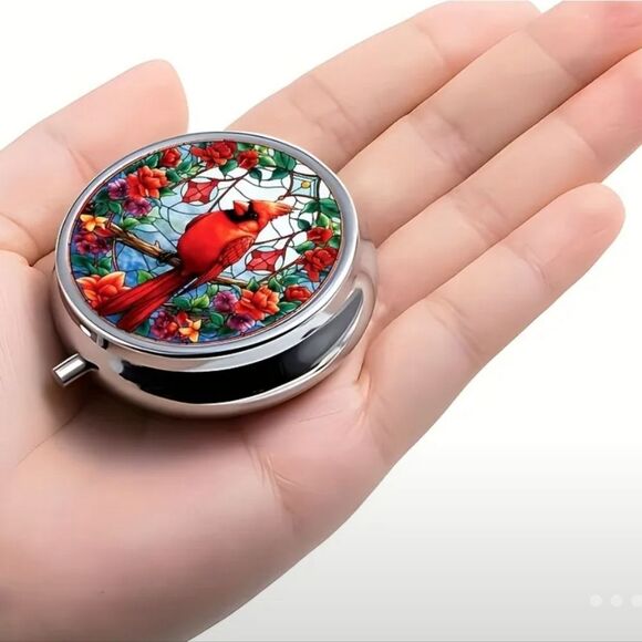 Red Cardinal Bird Pill Box Medicine Mini Stainless Steel Case Mirrored Travel - Picture 5 of 7